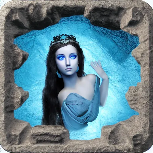 Image similar to seductive divine goddess with bright blue eyes in a dark cave, photo 3 d,
