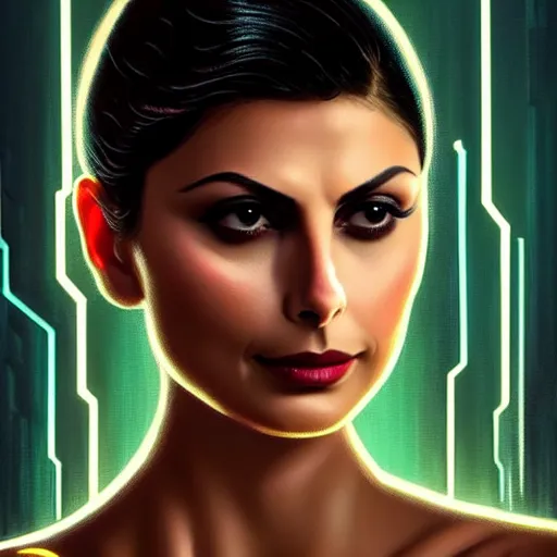 Image similar to beautiful Morena Baccarin, full pallet image, Blade runner artifacts, electronic case display, cyberpunk hologram tech, ultrarealistic, futuristic, three point lighting, dramatic lighting, electrical details, high details, 4k, 8k, best, accurate, trending on artstation, artstation, photorealism, ultrarealistic, digital painting, style of Peter Mohrbacher, Caravaggio, Dali, Boris Vallejo, Hajime Sorayama