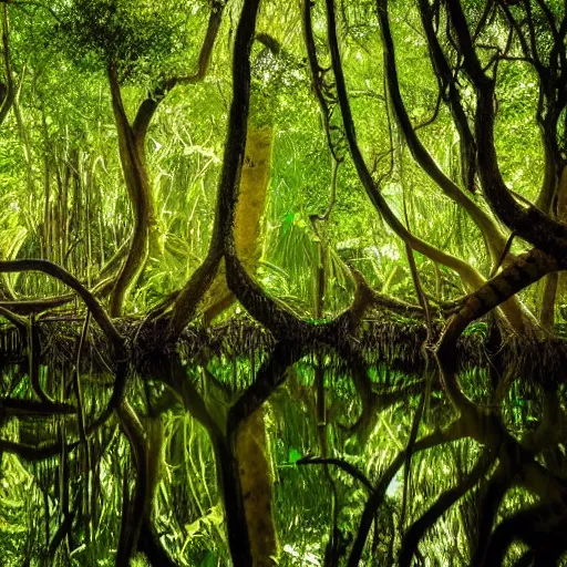 Prompt: massive still lake, mangrove woods, roots, subtle patterns, intricate texture, highly detailed, fungal, light shafts, light diffusion, natural, fireflies, magical, ferns, magical spores, wildlife,