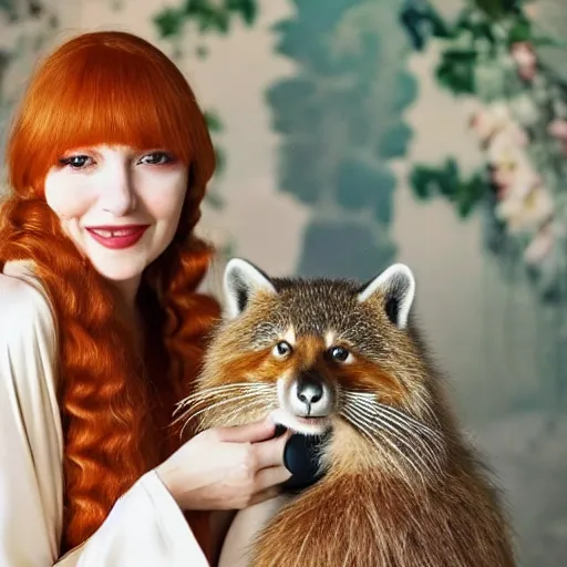 Image similar to a stunning hyper-detailed closeup portrait photo of a slender beautiful smiling woman with long ginger hair and bangs, wearing a luxurious silk robe, wearing headphones and posing with her large ginger tabby cat and her raccoon and parrots in an overstuffed easy chair in her sunlit victorian living room, holding a porcelain parrot-shaped coffee mug and a donut, perfect eyes, fashion photography, octane render, unreal engine, 85 mm lens,