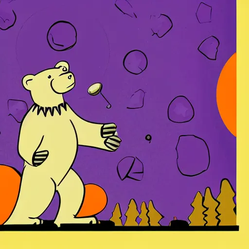 Image similar to cartoon illustration of a bear mascot being launched from a futuristic marble planet, purple and orange cloudland