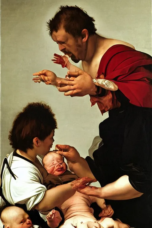 Image similar to hyper realistic oil painting of a handsome man getting a blood transfusion from a baby in the style of caravaggio