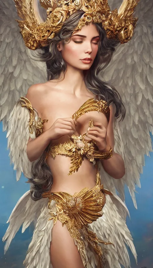 Image similar to expressive full body photo of sophia lauren as beautiful angel, smooth glowing skin, ornate headpiece made from flowers, ornaments, glamour shot, by karol bak, by greg rutkowski, by artgerm, octane render, unreal engine, photorealistic, canon r 3, fashion photography