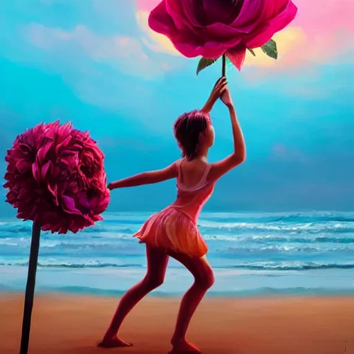 Image similar to portrait, giant rose flower head, girl dancing at the beach, surreal photography, sunrise, blue sky, dramatic light, impressionist painting, digital painting, artstation, simon stalenhag