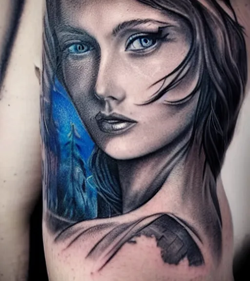 Image similar to tattoo design sketch of a beautiful blue - eyed woman face with a faded background of beautiful mountains and nature on her side, hyper - realistic, in the style of den yakovlev, amazing detail, black and white