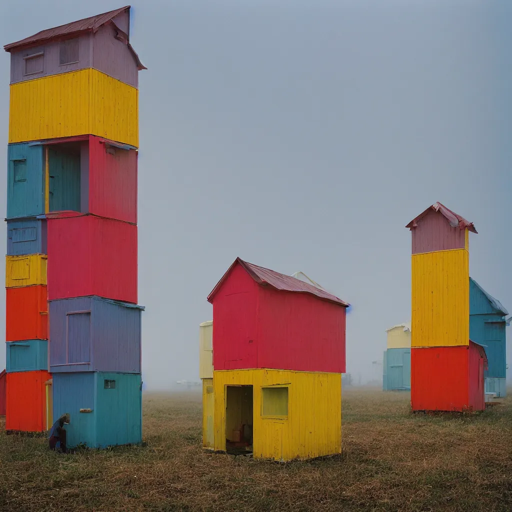 Image similar to two colourful towers, made up of stacked makeshift squatter shacks, bleached colours, plain uniform sky at the back, misty, mamiya, f 1. 8, ultra sharp, very detailed, photographed by julie blackmon