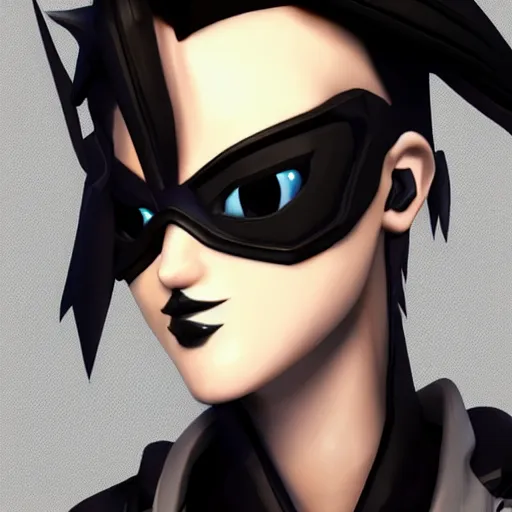 Image similar to tracer from overwatch, wearing goth outfit, black hair, 4 k, detailed face, smirky expression, detailed face, focus on eyes, blur, beautiful lighting, low contrast,