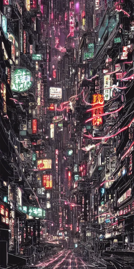 Image similar to beautiful and detailed anime drawing of an AKIRA-like cyberpunk city landscape with light trail from a motorcycle at the bottom and a bridge silhouette at the top, China at night, 1980s, by Katsuhiro Otomo and mamoru oshii, wide angle, worm's eye view, grand, clean, colorful