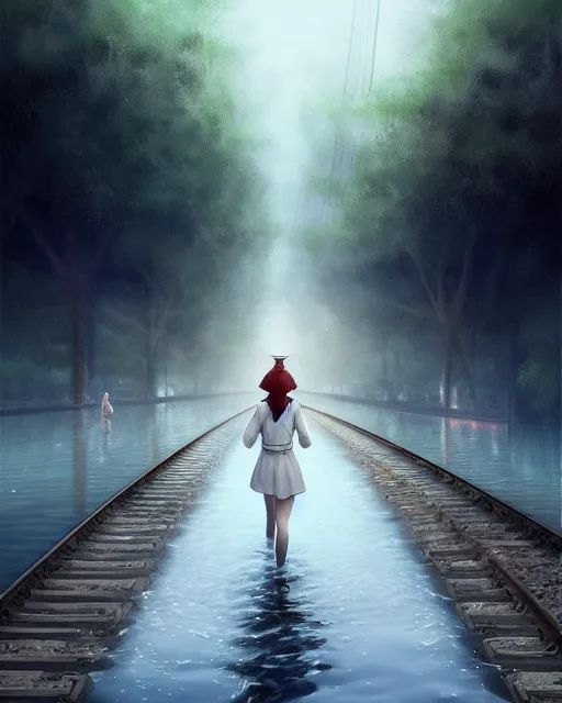 Image similar to photo of girl walking along train tracks that are submerged under a few inches of water toward a station in the distance, large white clouds, intricate, elegant, highly detailed, digital painting, artstation, concept art, smooth, sharp focus, illustration, art by artgerm and greg rutkowski and fra angelico