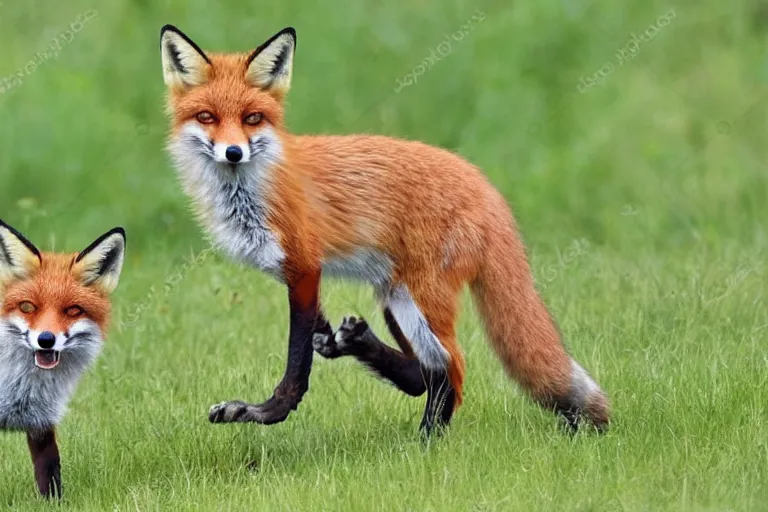 Image similar to Foxes playing in a meadow