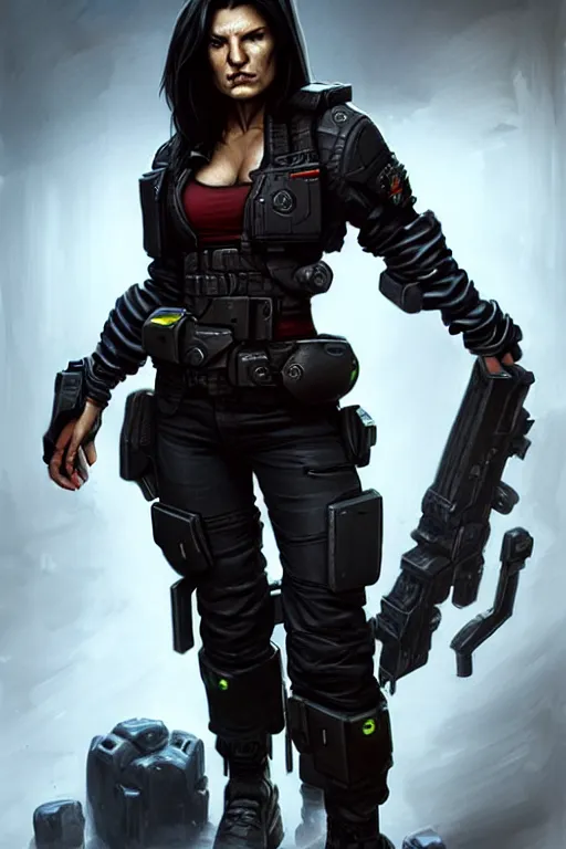 Image similar to gina carano as a shadowrun ork with prothesis metallic left arm, casual black clothing, muscular, realistic proportions, casual pose, large portrait, sci - fi, rpg character, digital painting, artstation, concept art, smooth, 8 k frostbite 3 engine, ultra detailed, art by artgerm and greg rutkowski and magali villeneuve