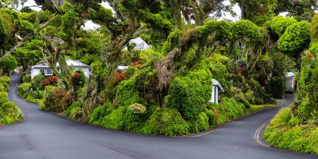 Image similar to a suburban street in wellington, new zealand. quaint cottages interspersed with an ancient remnant lowland podocarp broadleaf forest full of enormous trees with astelia epiphytes and vines. rimu, kahikatea, cabbage trees, manuka, tawa trees, rata. stormy windy day. landscape photography 4 k. stream in foreground