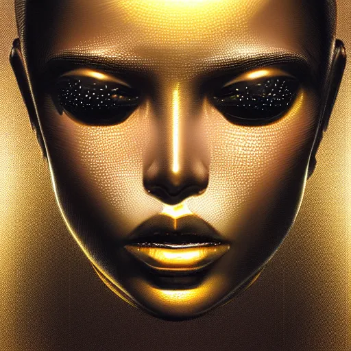 Prompt: an intricate, detailed face of an android, golden skin with water drops on it, dramatic lighting, trending on artstation, syd mead