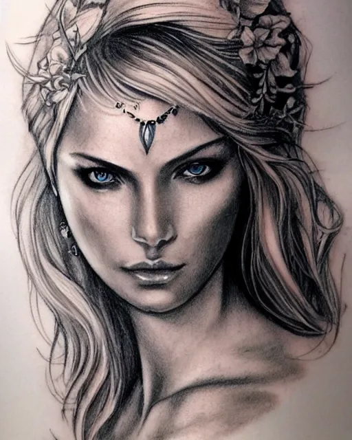 Image similar to tattoo sketch of beautiful greek goddess aphrodite with arrowhead earrings, beautiful piercing eyes, flowing blonde hair, realistic face, hyper realistic, in the style of greg rutkowski, fantasy, amazing detail, epic, intricate, elegant, smooth, sharp focus