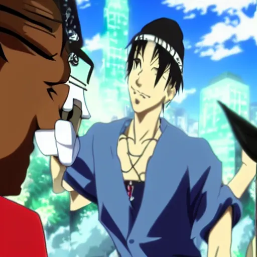 Image similar to Tupac Shakur, screenshot from a 2012s anime