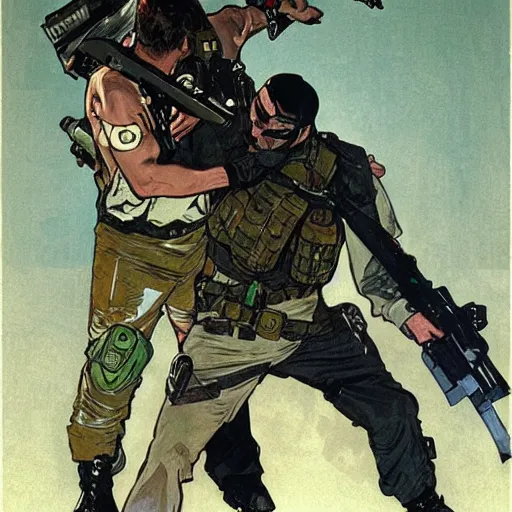 Image similar to blackops operator choking out a guard. rb6s, MGS, and splinter cell Concept art by James Gurney, Alphonso Mucha. Vivid color scheme.