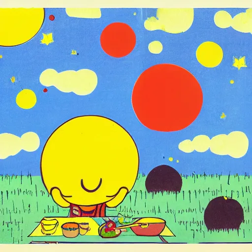Prompt: Illustration for small children Called PICNIC ON THE MOON, in the style of Dorothy Brook, primary color scheme