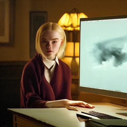 Image similar to Elle Fanning hacking a computer at night in the world of Edward Hopper, stormy snowy weather, dark room, extremely detailed masterpiece, oil on canvas, low-key neon lighting, artstation, Blade Runner 2049, Roger Deakin’s cinematography, by J. C. Leyendecker and Peter Paul Rubens,