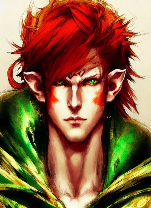 Image similar to Half body portrait of a handsome young red haired elven monk prince with dragon eyes, red, green and gold ornate robe. In style of Yoji Shinkawa and Hyung-tae Kim, trending on ArtStation, dark fantasy, great composition, concept art, highly detailed.