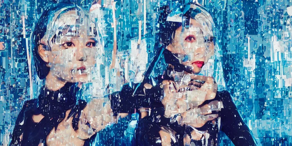 Image similar to a close - up risograph of cyberpunk japanese model girl with black eyes and pretty face wearing latex catsuit and lots of transparent and cellophane accessories, blue hour, twilight, cool, portrait, kodachrome, iso 1 2 0 0, painting by moebius