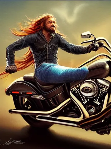 Image similar to handsome man with long hair riding a harley davidson. intricate, elegant, highly detailed, digital painting, artstation, concept art, sharp focus, illustration, by justin gerard and artgerm, 8 k