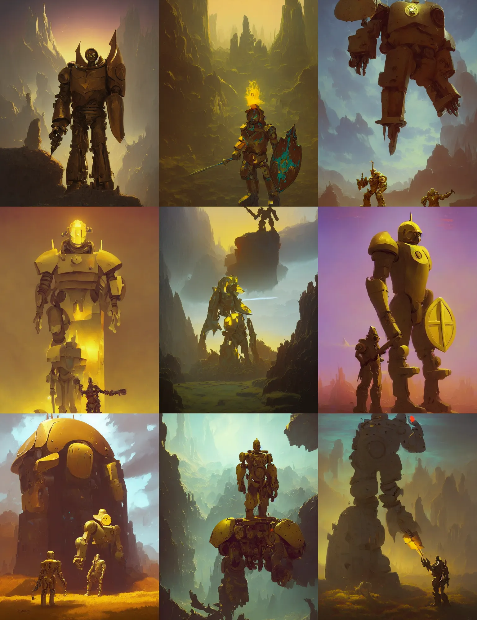 Prompt: yellow human-sized warforged, in focus, character with a paladin sword and a huge shield by Roger Dean, by Anton Fadeev, by albert bierstadt, magical realism, oil on canvas, soft render, octane, artstation