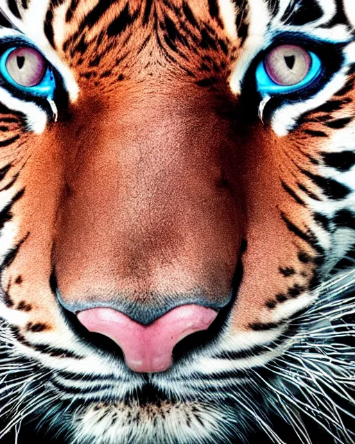 Prompt: natural light, soft focus extreme close up portrait of a tiger with soft synthetic pink skin, blue bioluminescent plastics, smooth shiny metal, elaborate ornate head piece, piercings, skin textures, by annie leibovitz, paul lehr