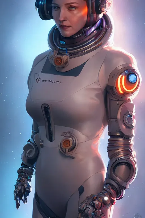 Image similar to portrait of a futuristic cosmonaut girl with biomechanical parts by Artgerm and Greg Rutkowski , néon light, digital painting, highly detailed, trending on artstation