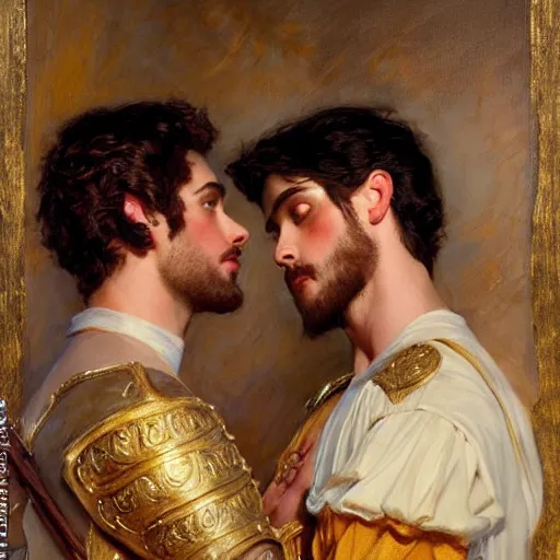 Image similar to attractive fully clothed king confesses his love for his attractive fully clothed male prince. highly detailed painting by gaston bussiere, daniel f. gerhartz, j. c. leyendecker 8 k