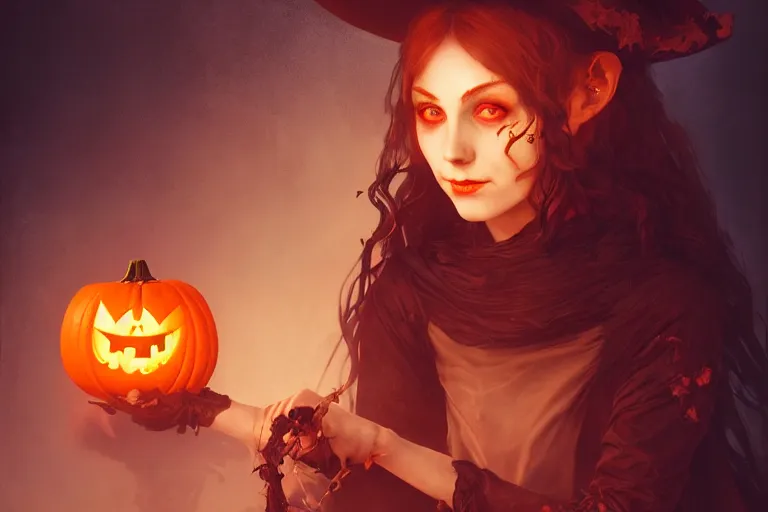 Image similar to portrait of a ghoulish victorian witch holding a jack - o - lantern, halloween night, charlie bowater, artgerm, ilya kuvshinov, krenz cushart, ruan jia, realism, ultra detailed, 8 k resolution