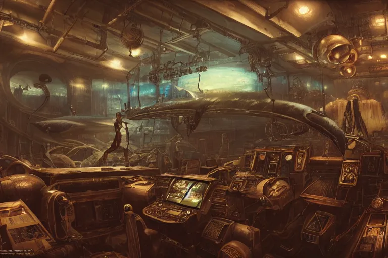 Image similar to interior of a steampunk videoclub, 3d scene, render, ultra realistic, zenith view, Greg Rutkowski, artstation, cgsociety, level design, unreal engine alien whale flying over a steampunk city, 3d scene, render, ultra realistic, zenith view, Enki Bilal style