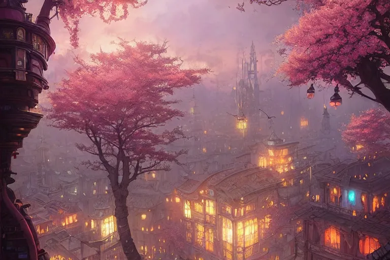 Image similar to steampunk city, cherry blossoms, unreal engine, fantasy art by greg rutkowski, loish, rhads, ferdinand knab, makoto shinkai and lois van baarle, ilya kuvshinov, rossdraws, tom bagshaw, global illumination, radiant light, detailed and intricate environment