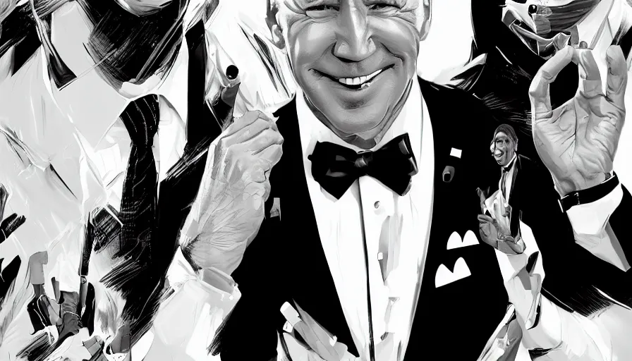 Image similar to Joe Biden in white suit and black tie, hyperdetailed, artstation, cgsociety, 8k