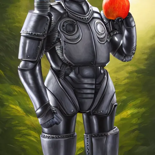 Prompt: An extremely detailed portrait of Isaac Newton in power armor holding an apple, 4k, mirror lake, highly detailed, trending on artstation