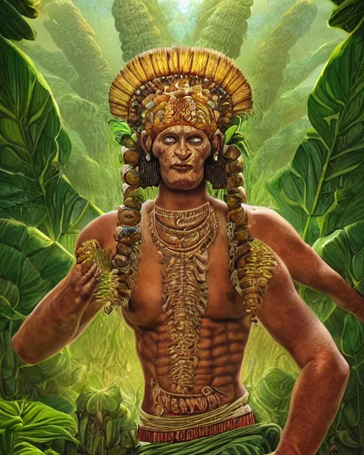 Prompt: digital painting of hun - hunahpu, mayan god of maize and vegetation by filipe pagliuso and justin gerard, symmetric, fantasy, highly detailed, realistic, intricate, portrait, sharp focus, tarot card