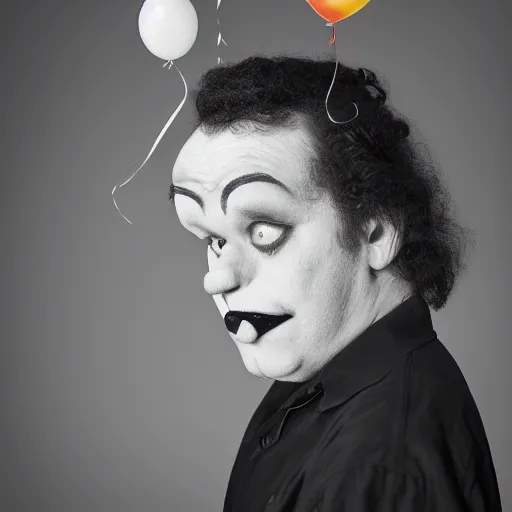 Image similar to a vintage studio portrait of a sad clown with balloons behind him, black background, chiaroscuro lighting, close up portrait, shallow depth of field, 8 0 mm, f 1. 8