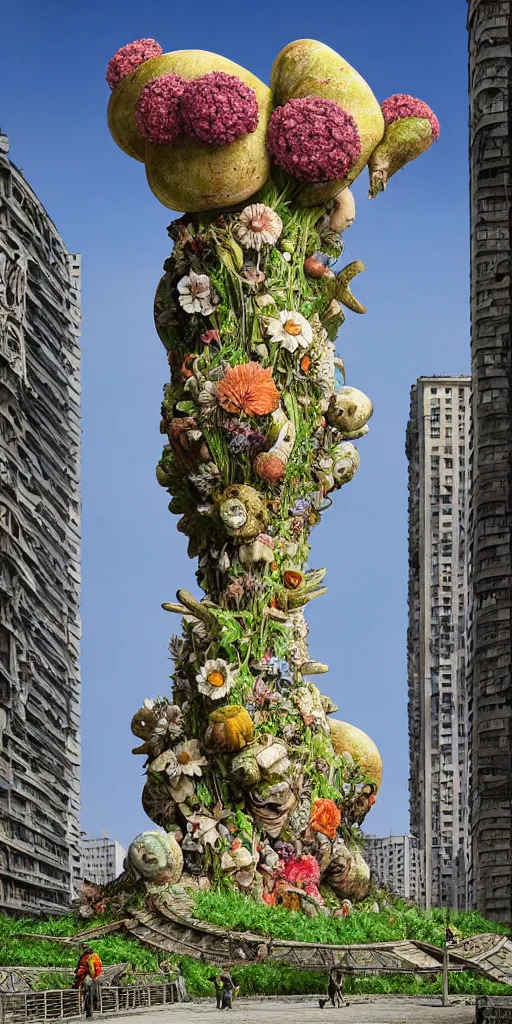 Image similar to colossal grotesque prehistoric flower made from best unfulfilled mankind projects in the middle of abandoned post soviet constructivist cityscape, Stalinist architecture, ultradetailed, Intricate by Hayao Miyazaki and Josan Gonzalez and Makoto Shinkai and Giuseppe Arcimboldo and Wes Anderson