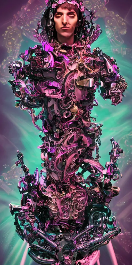 Image similar to full-body baroque and cyberpunk style sculpture of a young seductive Hispanic prince half android with a chest exposing a glowing gemstone battery and a CRT monitor face, glowing pink seductive laser eyes, crown of blue gears and diamonds, swirling salmon-colored silk fabric, robotic raptors dinosaurs. baroque elements. full-length view. intricate artwork by caravaggio. art by Artgerm and Greg Rutkowski and Alphonse Mucha, Trending on artstation, cinematic industrial lighting, hyper realism, octane render, 8k, depth of field, 3D