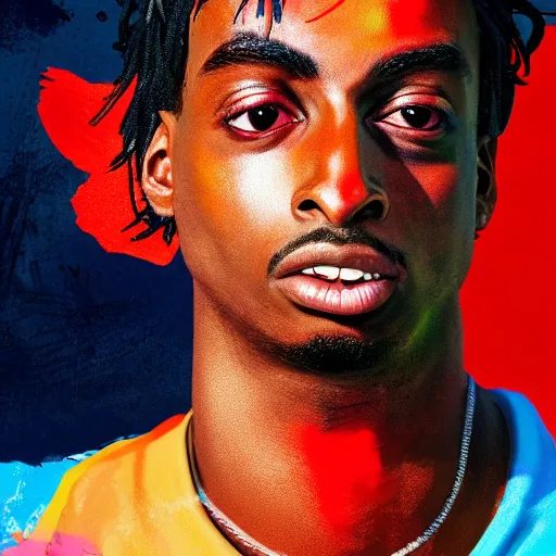 Image similar to playboi carti, photorealistic, detailed face, full body shot, 8 k, hd, neon colors, over saturated colors, wok, noisy background, background blending with itself, goofy,