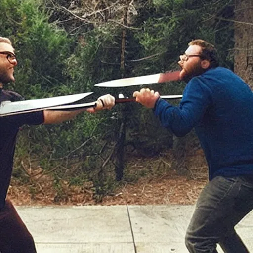 Prompt: “ seth rogen sword fighting with joe rogan ”