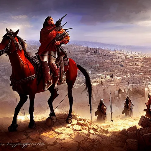 Image similar to Crusaders on horses standing on a ridge overlooking the city of Jerusalem by Marc Simonetti
