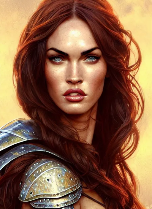 Prompt: portrait of megan fox as a knight, medival armor, redhead, sword, dark ages, intricate, headshot, highly detailed, digital painting, artstation, concept art, sharp focus, cinematic lighting, illustration, art by artgerm and greg rutkowski, alphonse mucha, cgsociety