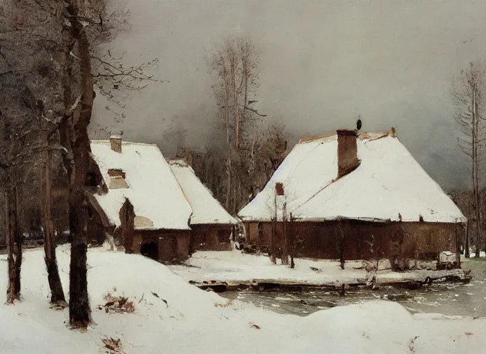 Image similar to oil painting of swedish house in snow landscape, by anders zorn, by greg rutkowski