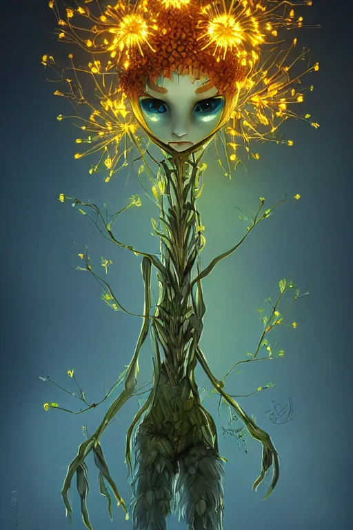 Prompt: a humanoid figure glowing dandelion plant monster, amber eyes, highly detailed, digital art, sharp focus, ambient lighting, autumn colours, trending on art station, anime art style