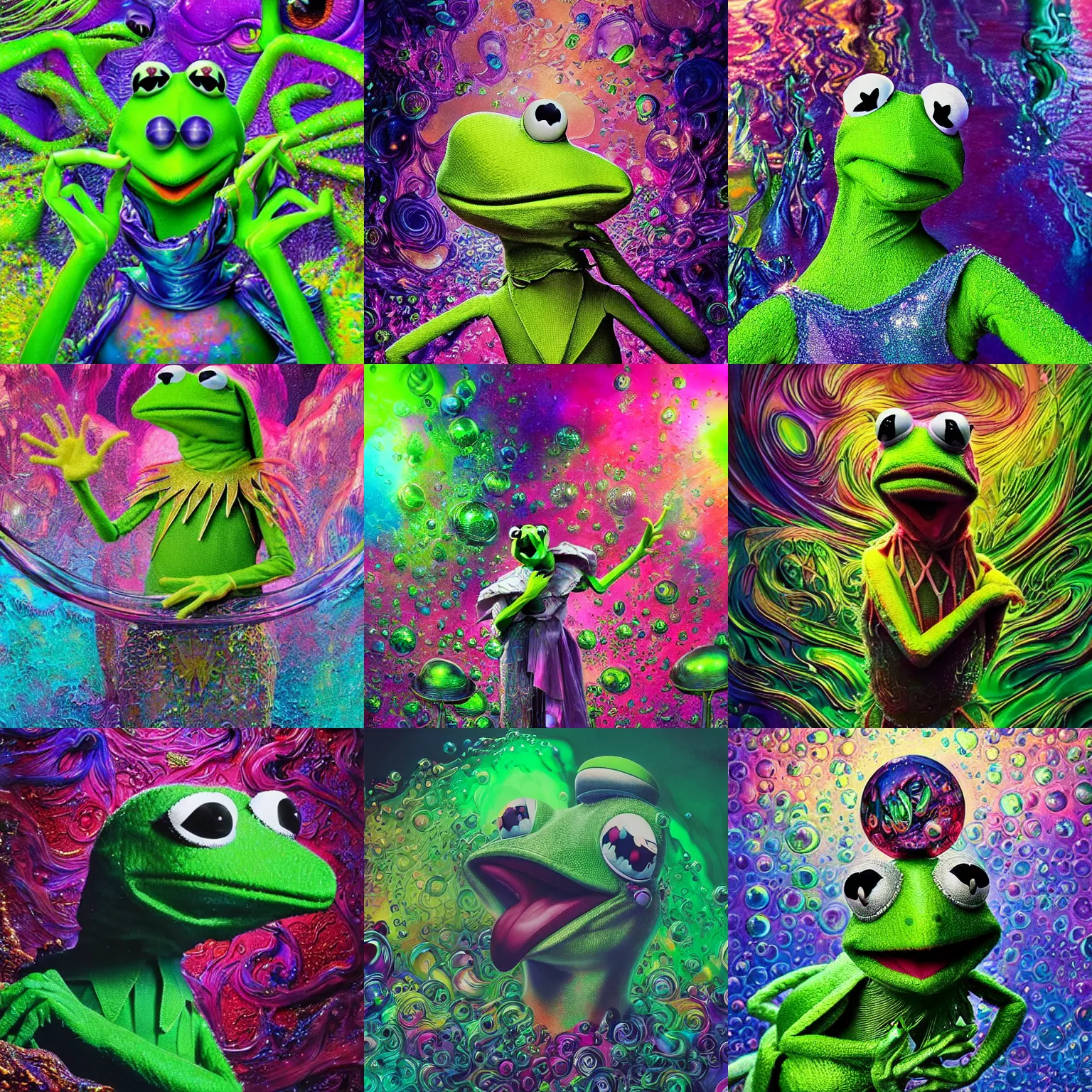 Prompt: ultra detailed illustration of Kermit the Frog covered in a sea of iridescent liquid by nekro, Karol Bak, colorful, vivid colors, 8k, coherent, anime vibes, uplifting, magical composition, artstation, synthwave, 8k, coherent, artgerm, uplifting, unreal engine, magical composition, artstation