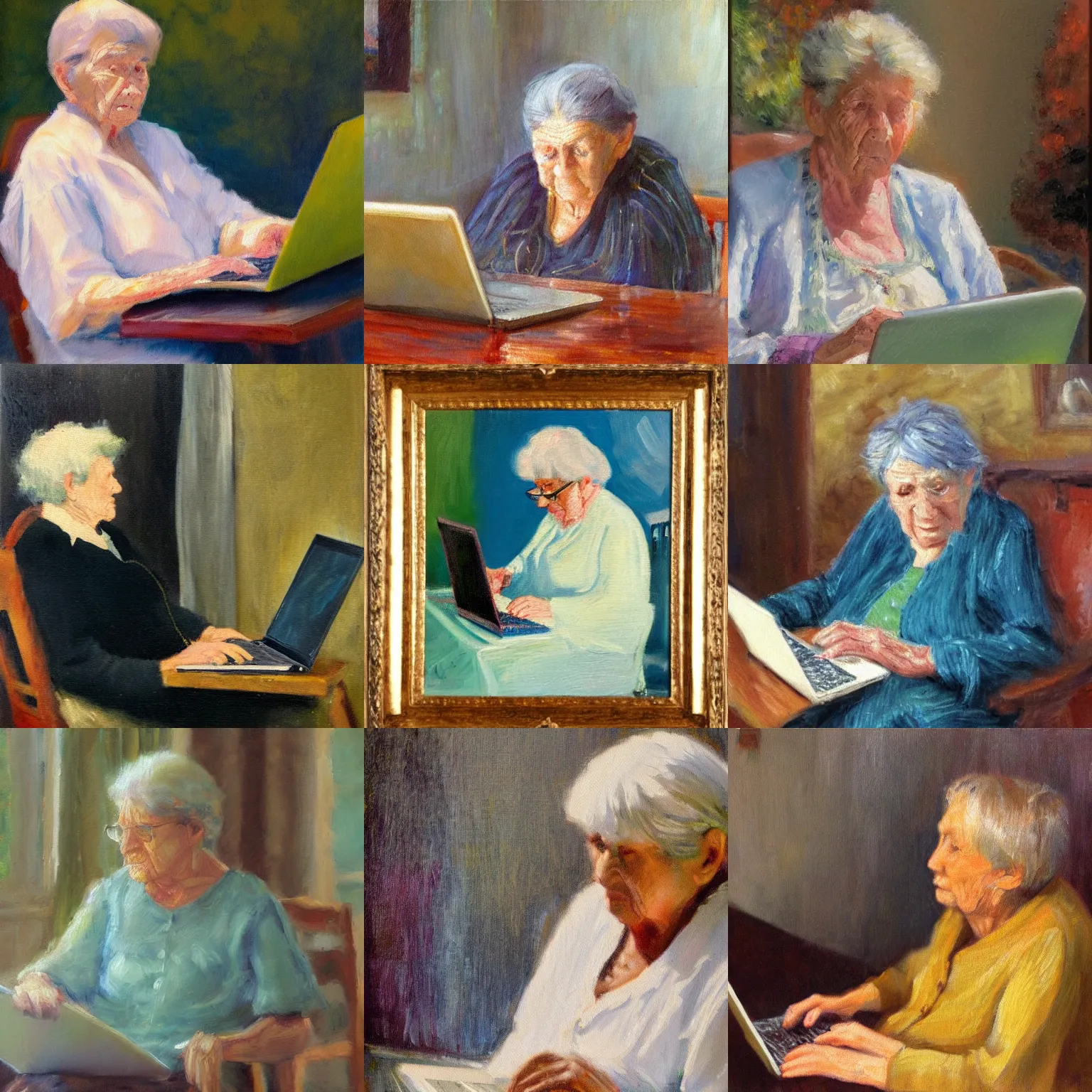 Prompt: An impressionist oil painting of a very old woman using her laptop