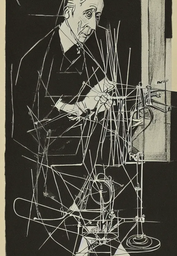 Image similar to a concept drawing of marcel duchamp holding up a chess - piece wire - machine, a surrealist painting by marcel duchamp, complex artificial - intelligence machinery, minimal sketch flow - chart, academic art, 1 9 2 0 s