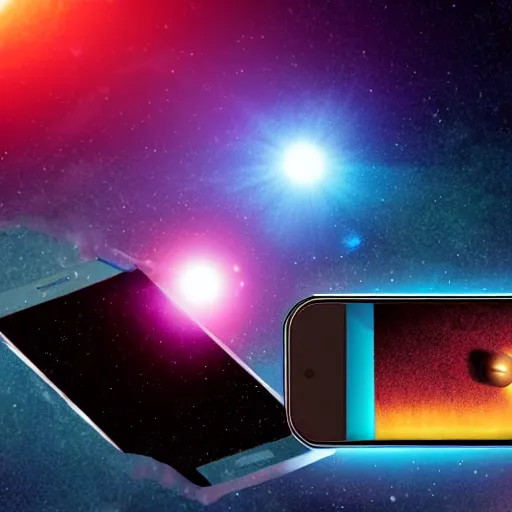 Image similar to A smartphone in place of the deathstar shooting a lazer at a far off planet, space in background, spectral ambiance, Cinecolor, Starburst, Nightlight effect, Storybook Illustration