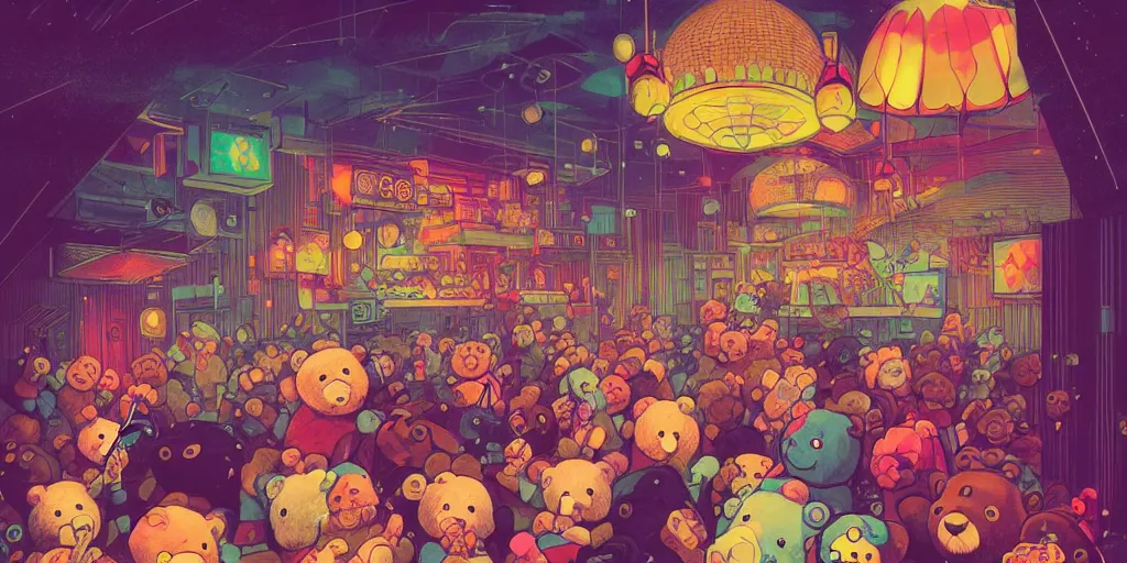 Prompt: a disco night club, several teddy bear wildly bouncing around upside down, breaking things going berserk, dark retro lighting, darkly playful color scheme, intricate details, matte painting, illustration, by hayao miyazaki