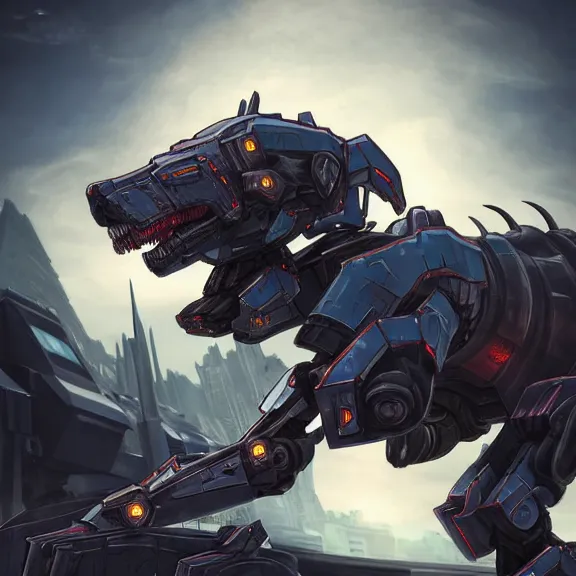 Image similar to hyper realistic, epic, highly detailed cinematic shot of a gigantic feral robot mecha canine, sharp dragon claws, detailed head, metal ears, cannon mounted on back, sleek armor, glowing visor, destroying city, digital art, furry art, macro art, dragon art, furaffinity, deviantart, sofurry